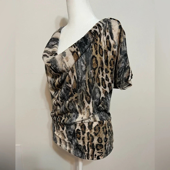 Heart Soul Leopard Printed Sequin Cowl-neck Top Short Sleeve Sweater Small. NWT - Picture 4 of 12